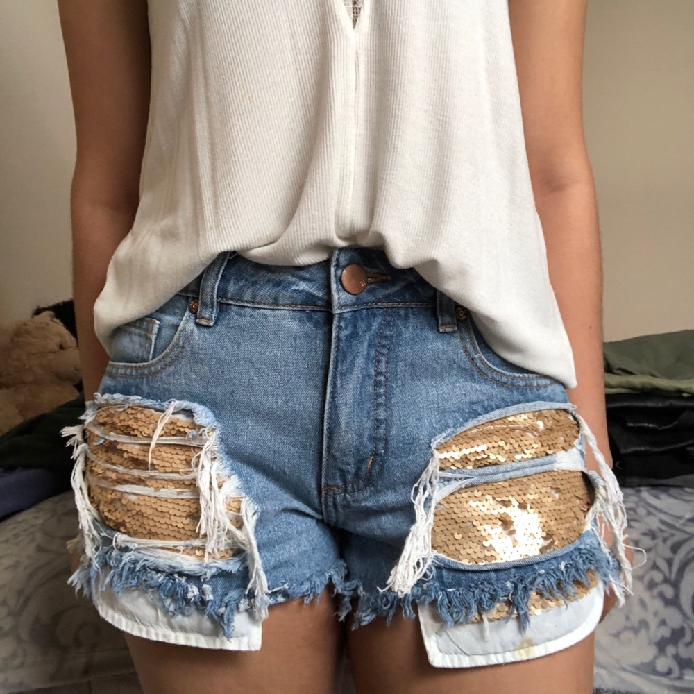 Sequin Ripped Denim Shorts - Picture 2 of 6